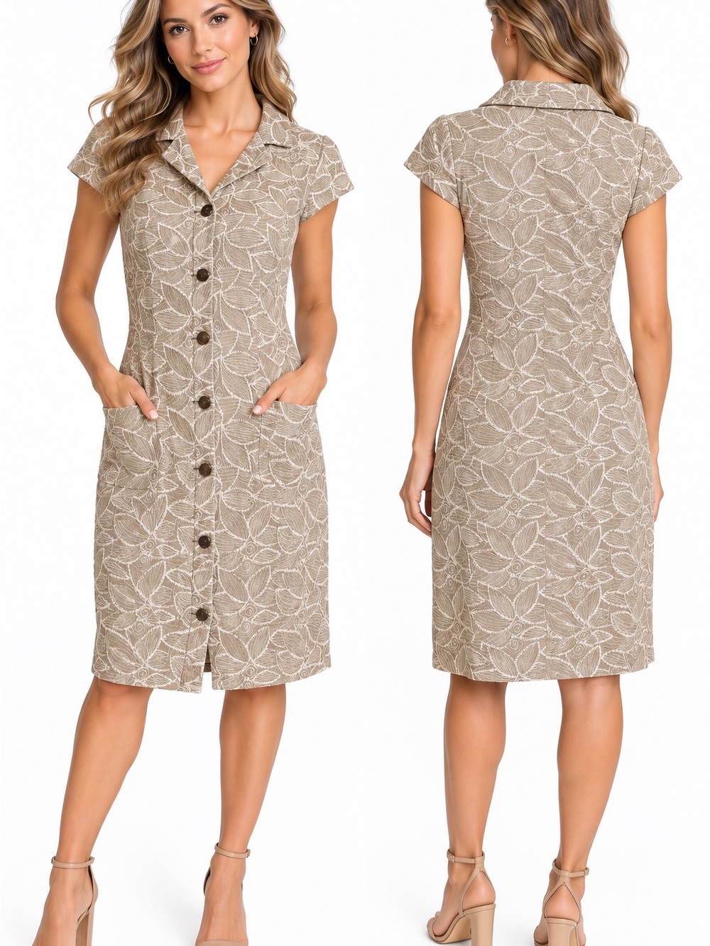 Oscar de la Renta Beige Leaf-Print Button-Front Midi Dress
